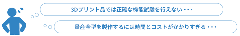 でも、、「3Dプリント品では正確な機能試験を行えない・・・」「量産金型を製作するには時間とコストがかかりすぎる・・・」