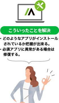 【こういったことを解決】・どのようなアプリがインストールされているか把握が出来る。・必須アプリに異常がある場合は修復する。