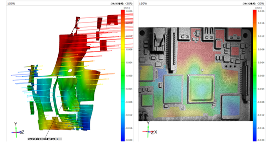 3D DICによる面外変位分布(右)と強調表示図(左)