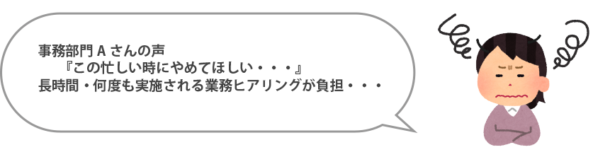 事務部門Aさんの声『この忙しい時にやめてほしい・・・』長時間・何度も実施される業務ヒアリングが負担・・・