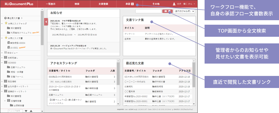 【楽々Document Plus画面イメージ】・ワークフロー機能で、自身の承認フロー文書数表示・TOP画面から全文検索・管理者からのお知らせや見せたい文書を表示可能・直近で閲覧した文書リンク