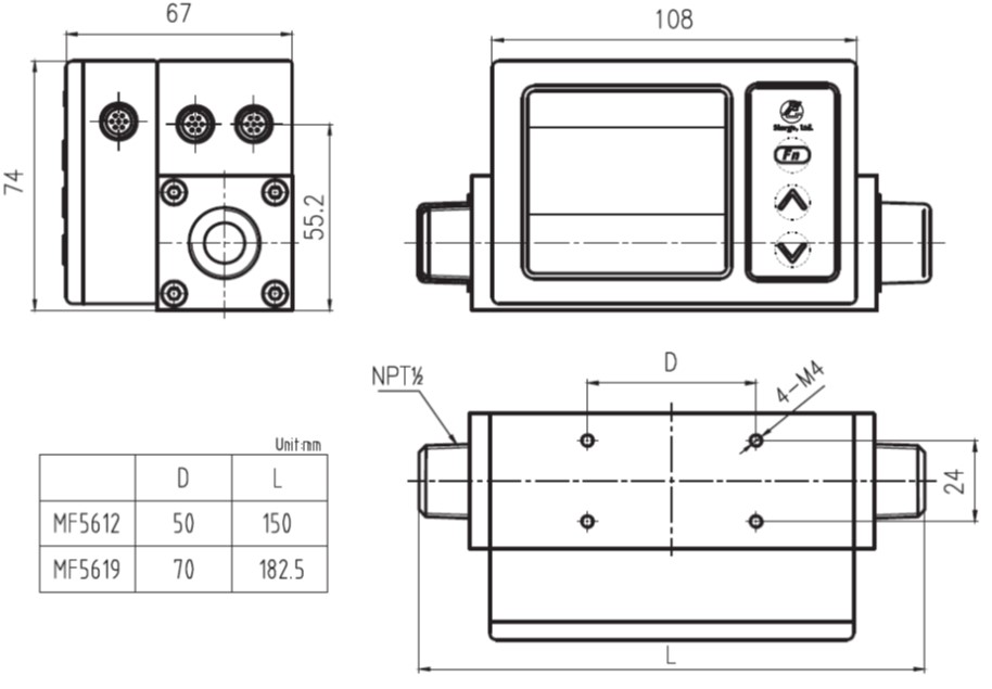 MF5600シリーズマスフローメータ外形寸法